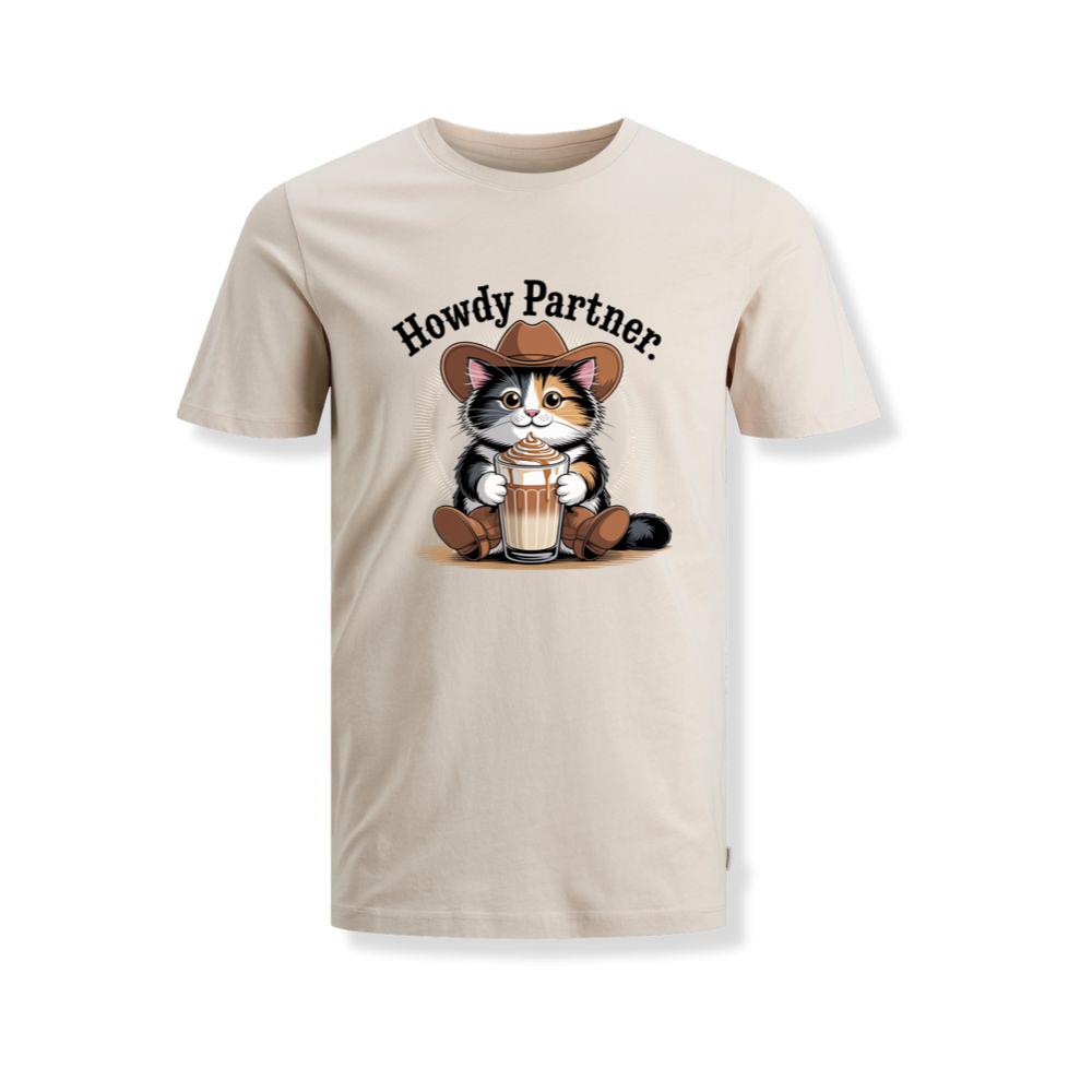 Howdy Partner Cat with Coffee Western Theme T-Shirts