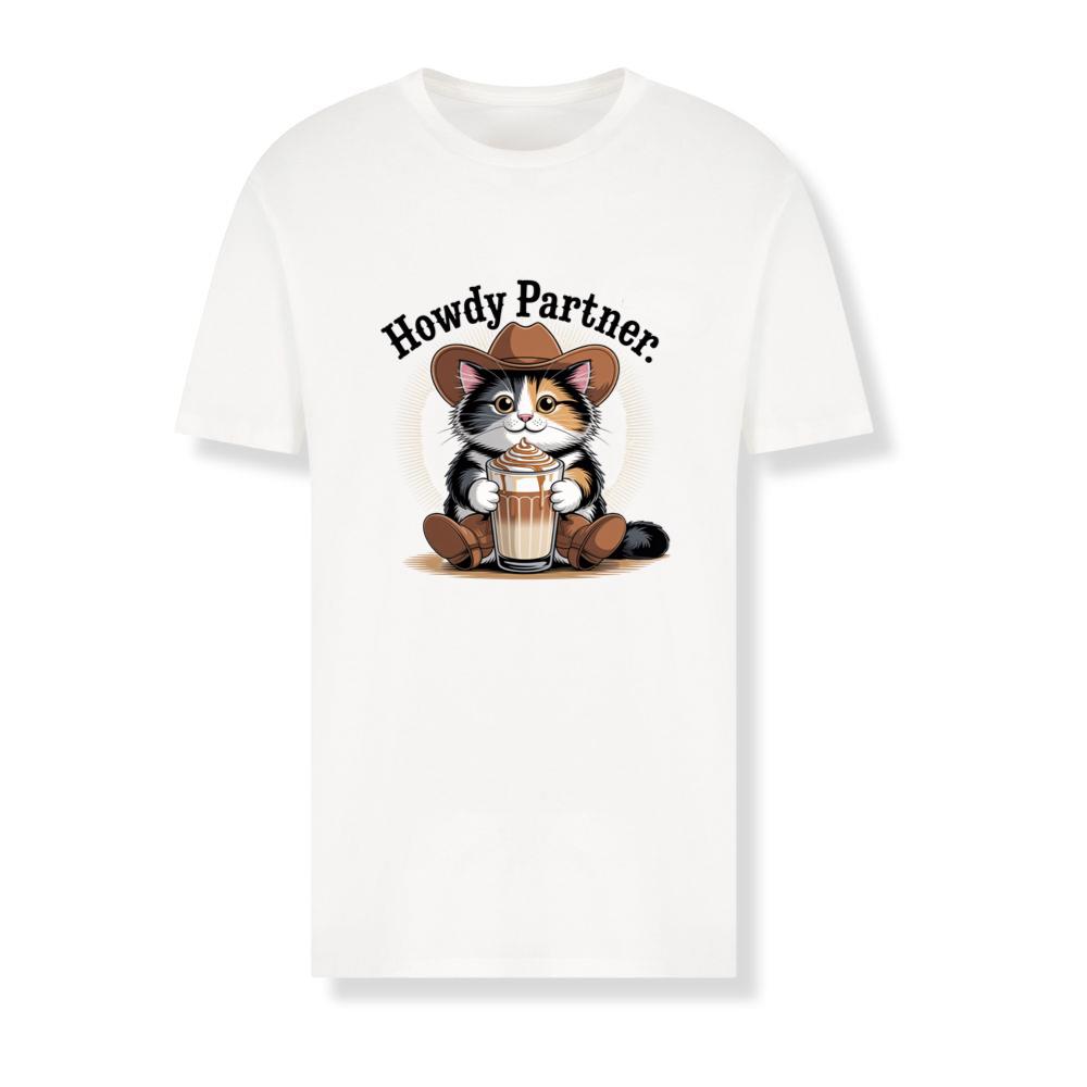Howdy Partner Cat with Coffee Western Theme T-Shirts