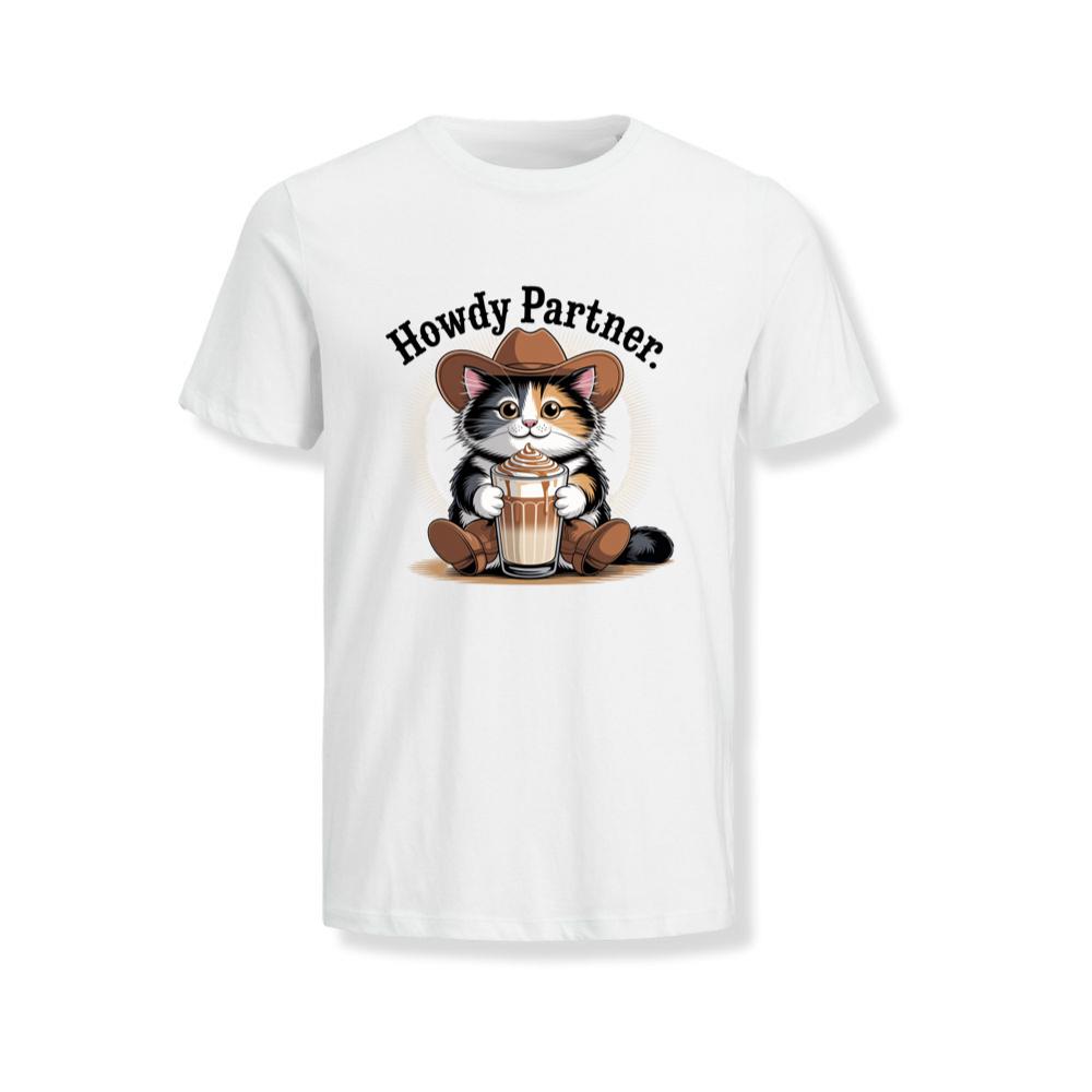 Howdy Partner Cat with Coffee Western Theme T-Shirts