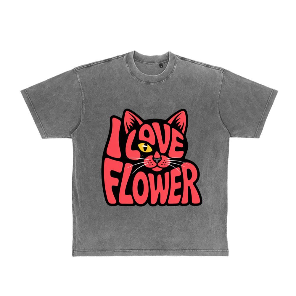 I Love Flower Cat Face Typography Graphic Design T-Shirt