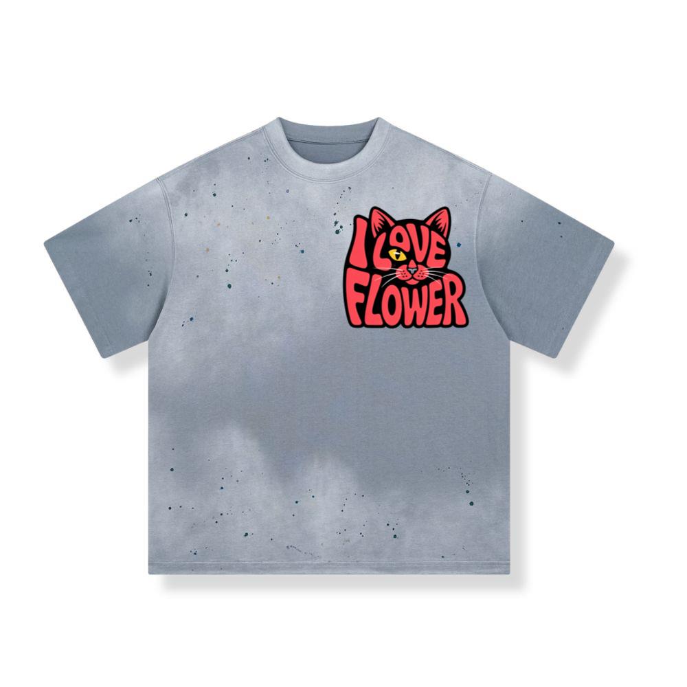 I Love Flower Cat Face Typography Graphic Design T-Shirt