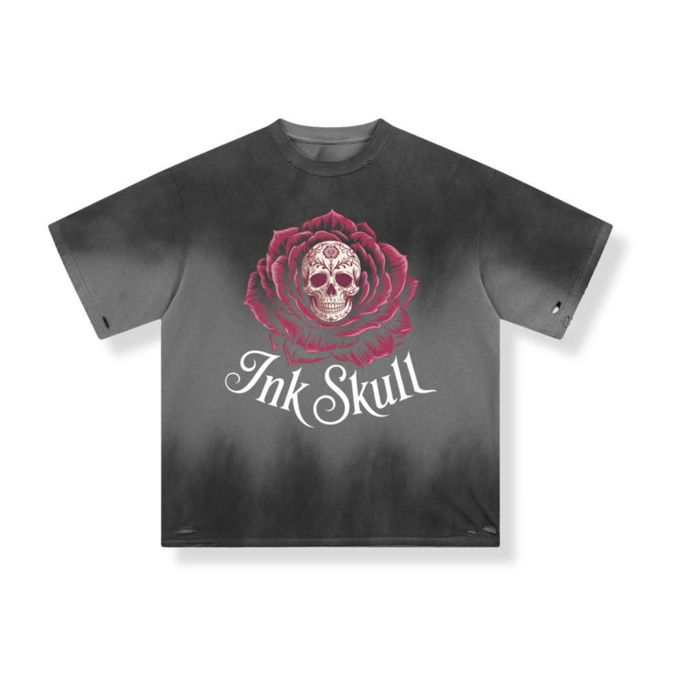Ink Skull Rose Tattoo Inspired Gothic Artwork Design T-Shirt