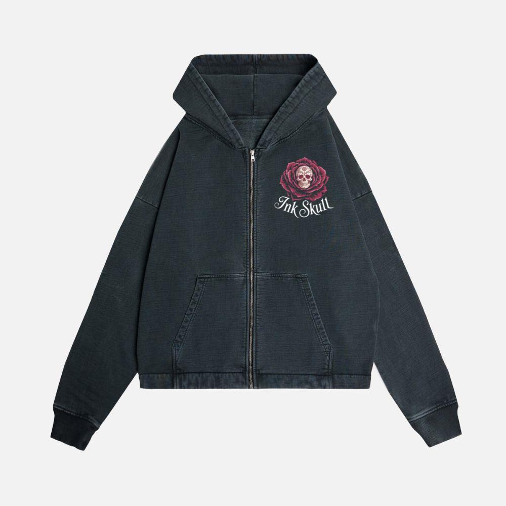 Ink Skull Rose Tattoo Inspired Gothic Artwork Design Zip Hoodie