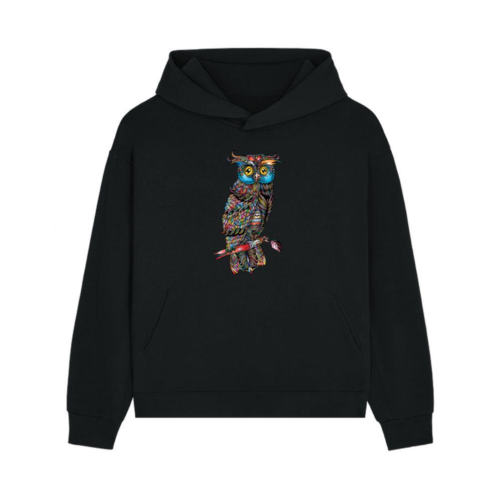 Intricate Multicolor Owl Illustration Hoodie