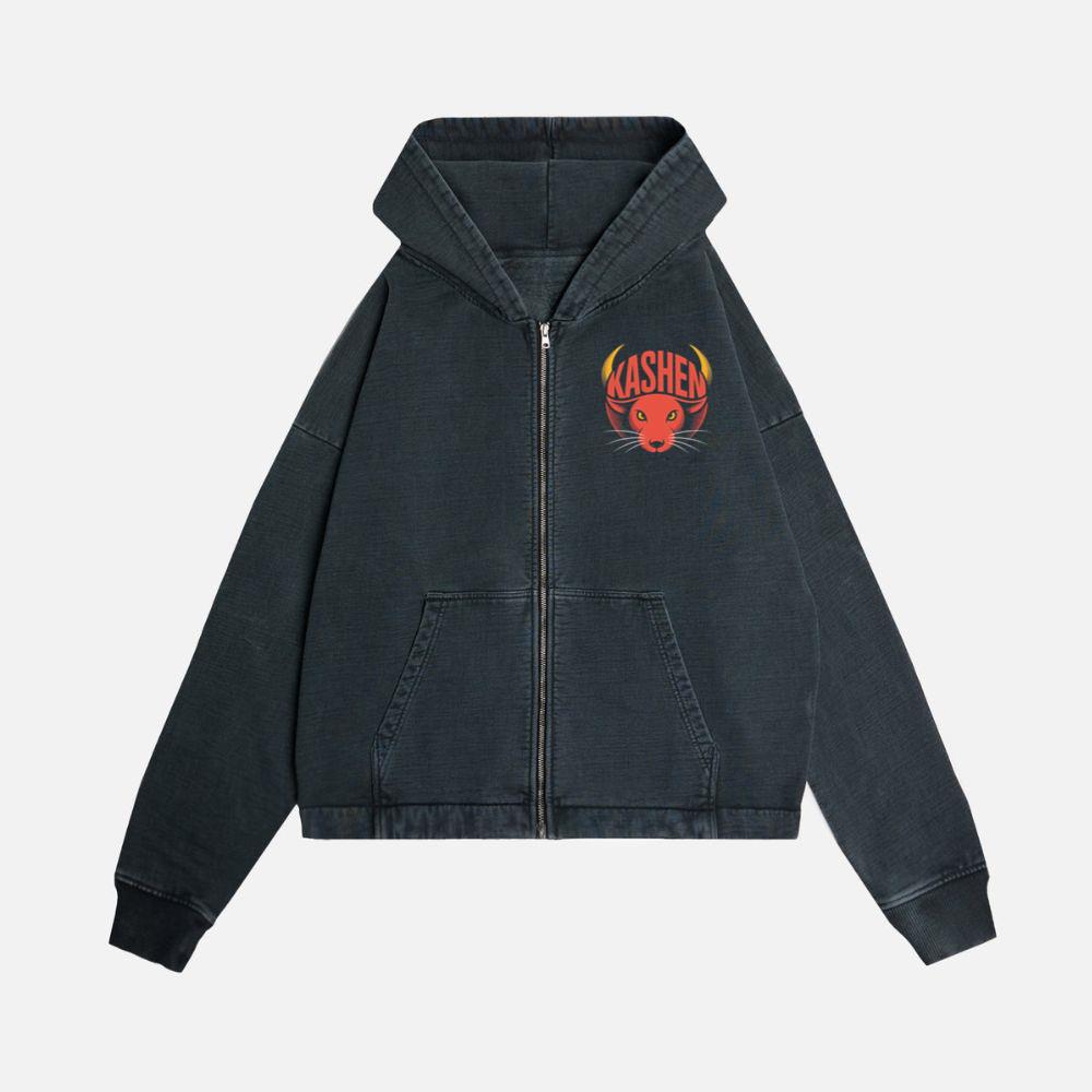 Kashen Cat Head Retro Graphic Design Zip Hoodie