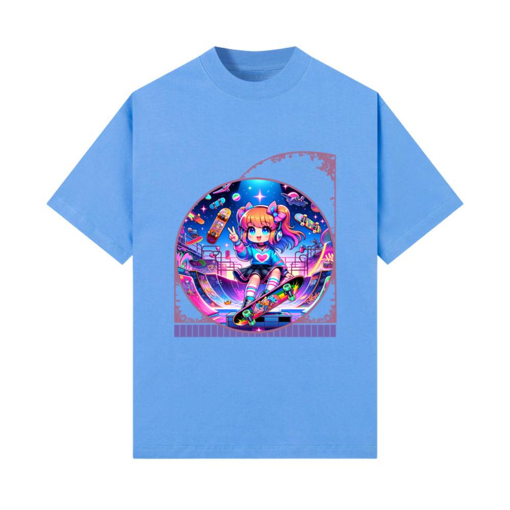 Kawaii Anime Girl's Retro Skateboard Jam Neon T-Shirt