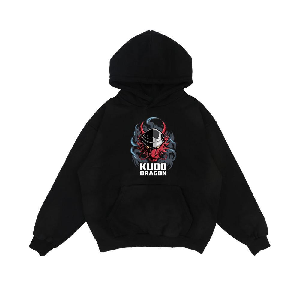 Kudo Dragon Red Masked Warrior with Flames Illustration Hoodie