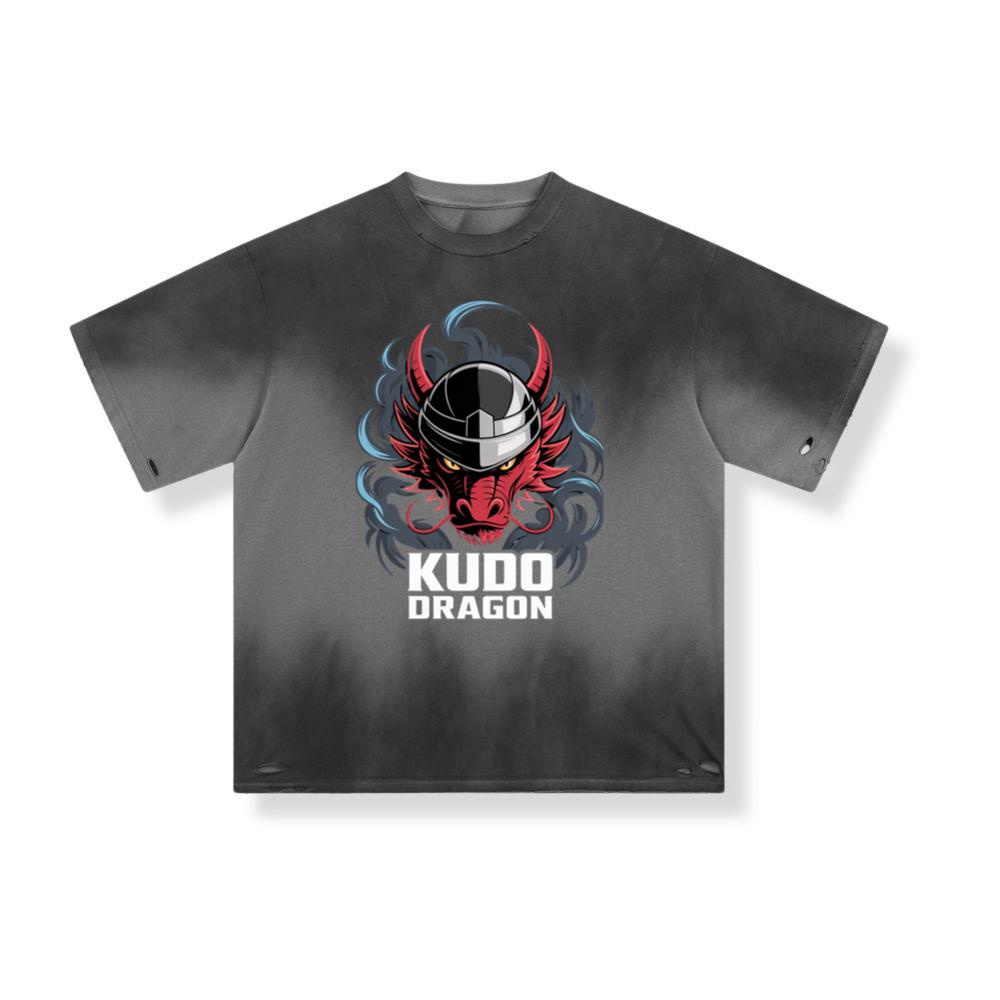 Kudo Dragon Red Masked Warrior with Flames Illustration T-Shirt