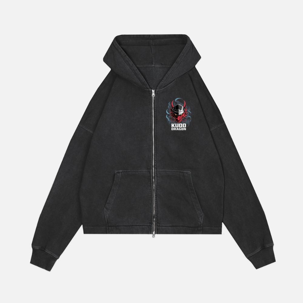 Kudo Dragon Red Masked Warrior with Flames Illustration Zip Hoodie