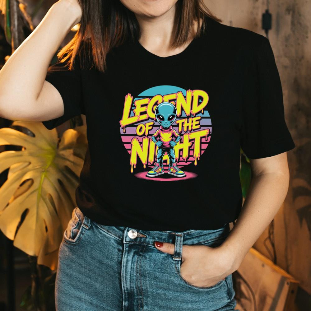 Legend of the Night Alien Retro Neon Graphic T-Shirt - Image 2