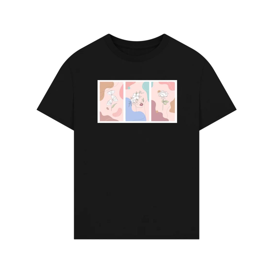 Line Art Flowers and Face Triptych T-Shirt