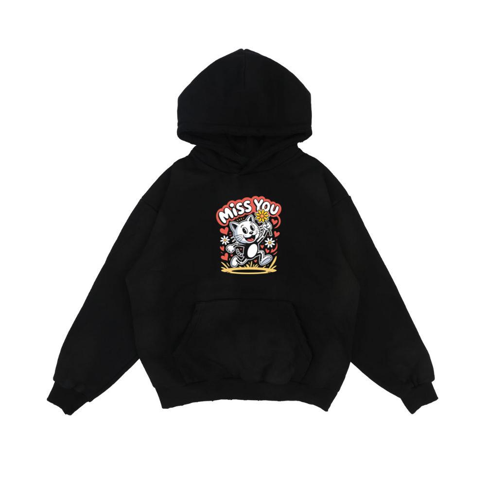 Miss You Skeleton Cat Retro Cute Graphic Hoodie