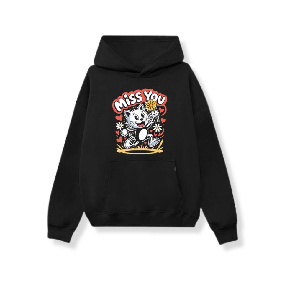 Miss You Skeleton Cat Retro Cute Graphic Hoodie