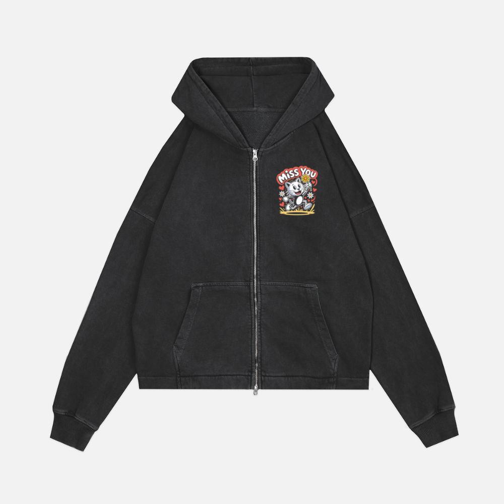 Miss You Skeleton Cat Retro Cute Graphic Zip Hoodie