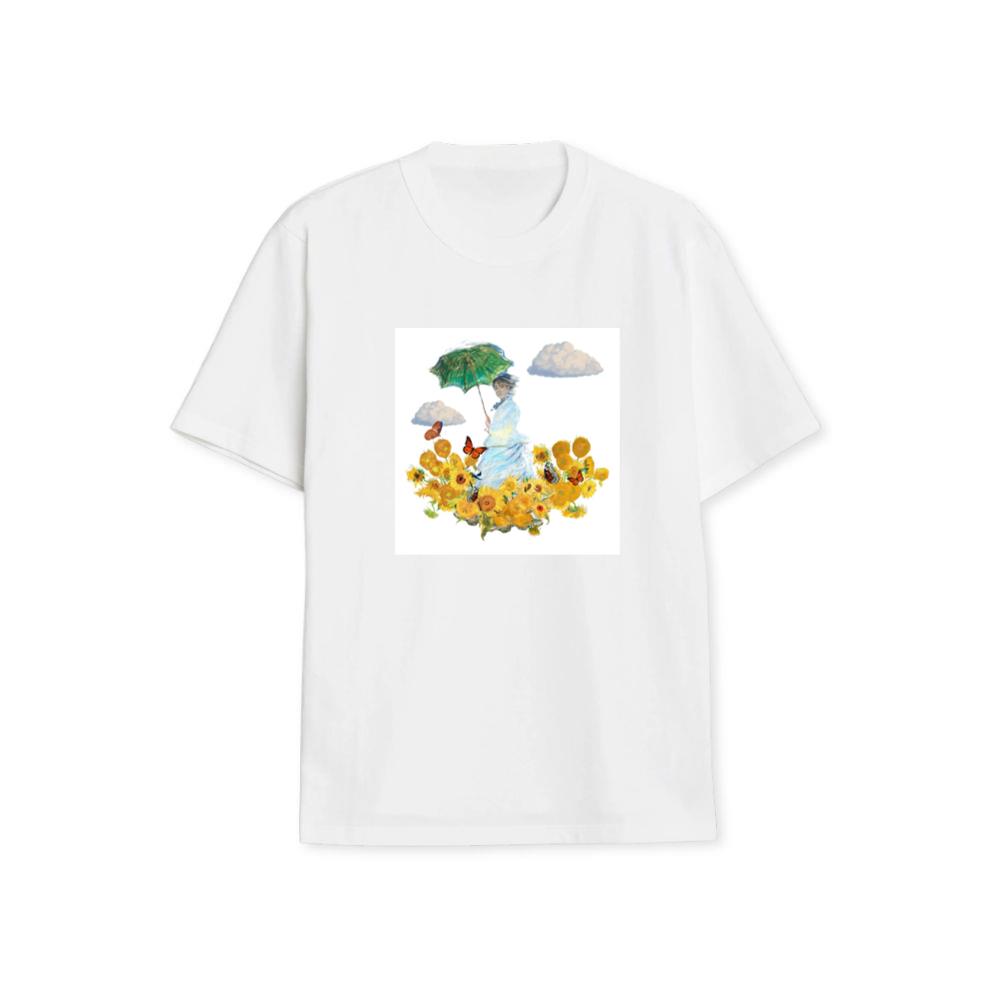 Monet's Woman with Parasol in a Van Gogh Sunflower Garden T-Shirts