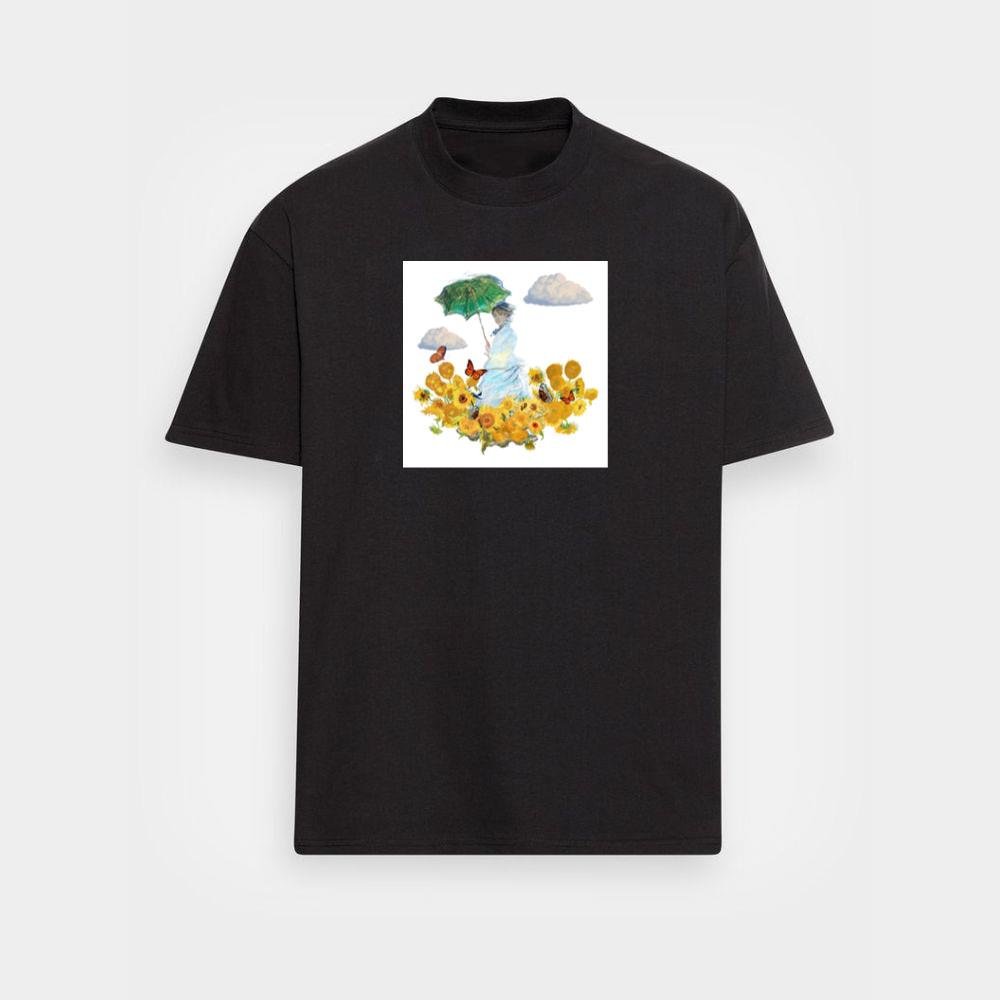 Monet's Woman with Parasol in a Van Gogh Sunflower Garden T-Shirts