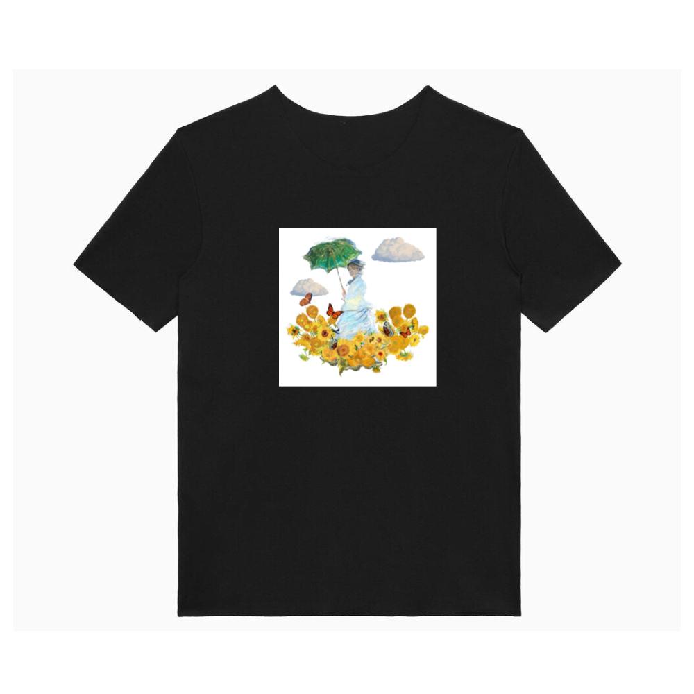 Monet's Woman with Parasol in a Van Gogh Sunflower Garden T-Shirts