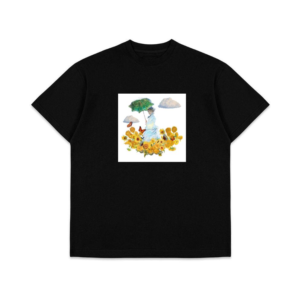 Monet's Woman with Parasol in a Van Gogh Sunflower Garden T-Shirts