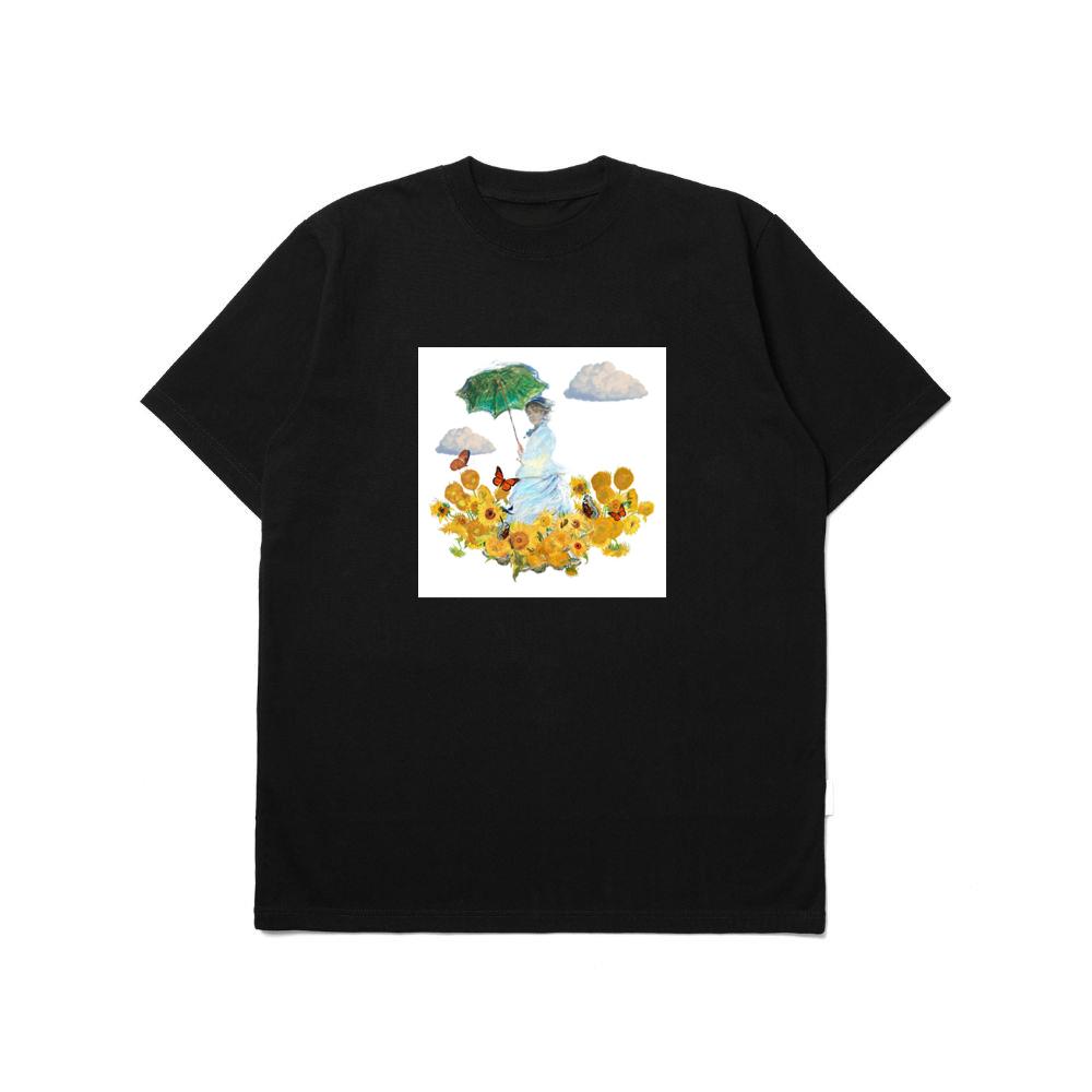 Monet's Woman with Parasol in a Van Gogh Sunflower Garden T-Shirts