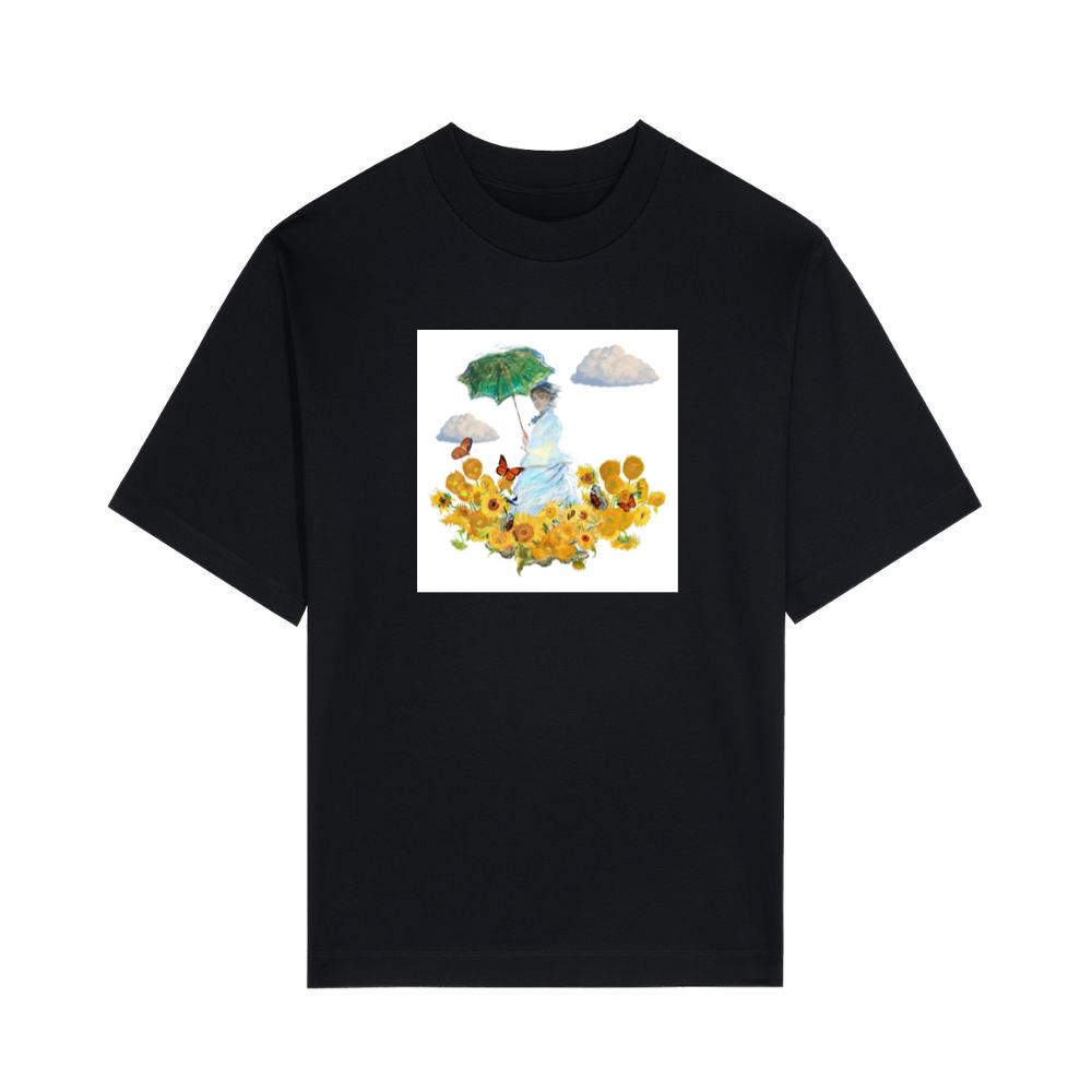 Monet's Woman with Parasol in a Van Gogh Sunflower Garden T-Shirts