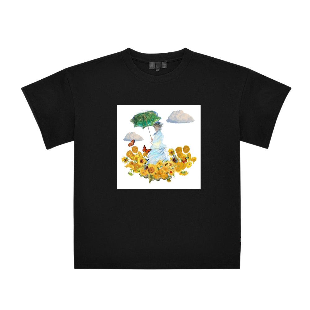 Monet's Woman with Parasol in a Van Gogh Sunflower Garden T-Shirts