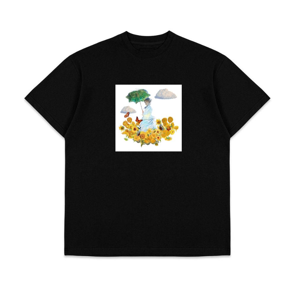 Monet's Woman with Parasol in a Van Gogh Sunflower Garden T-Shirts