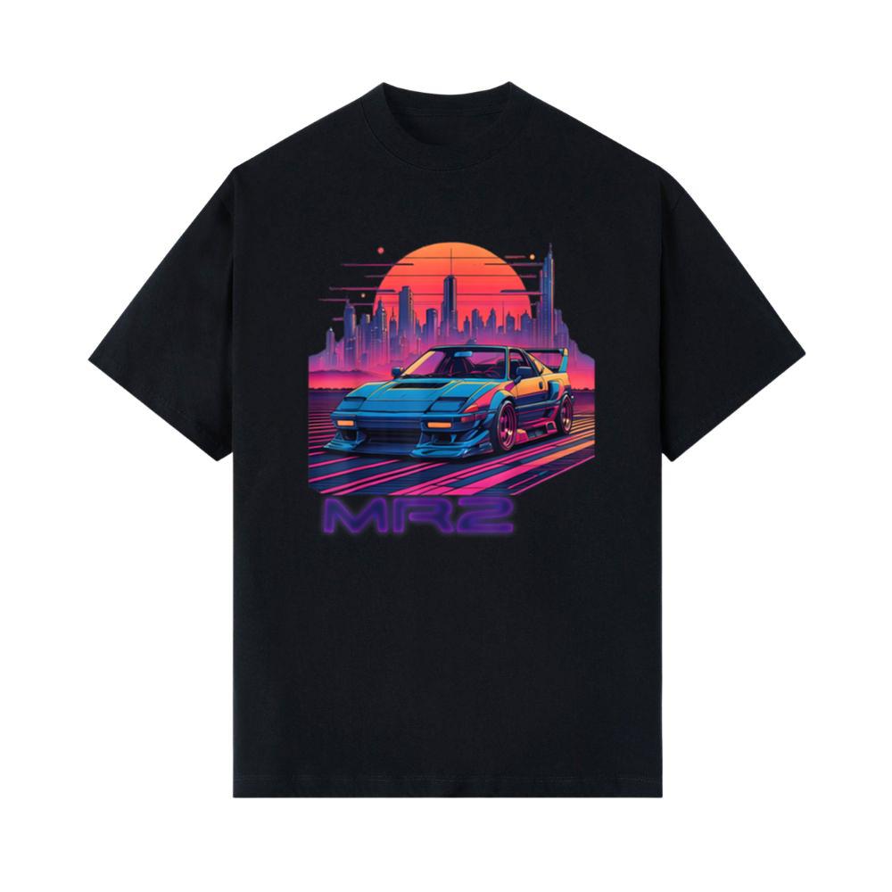 Neon Dreams_ 90s Japanese Sports Car MR2 in Cyberpunk City T-Shirt