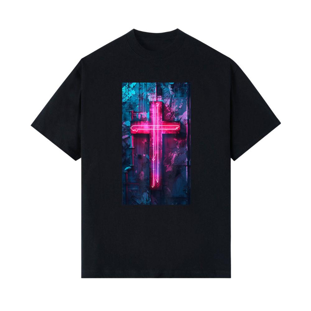 Neon Gothic Cross Neon cross Religious Cyberpunk T-Shirt