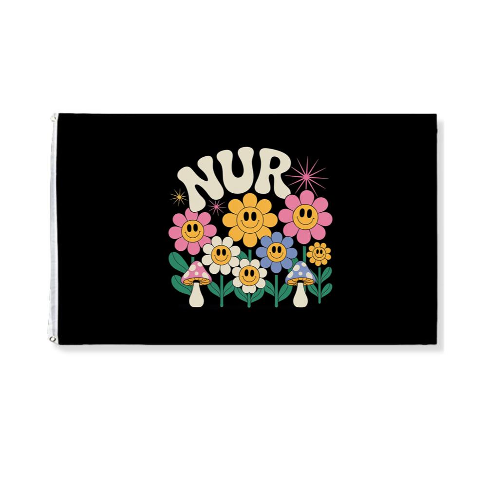Nursery Garden Smiley Flowers Retro Graphic for a Cheerful Mood Flag
