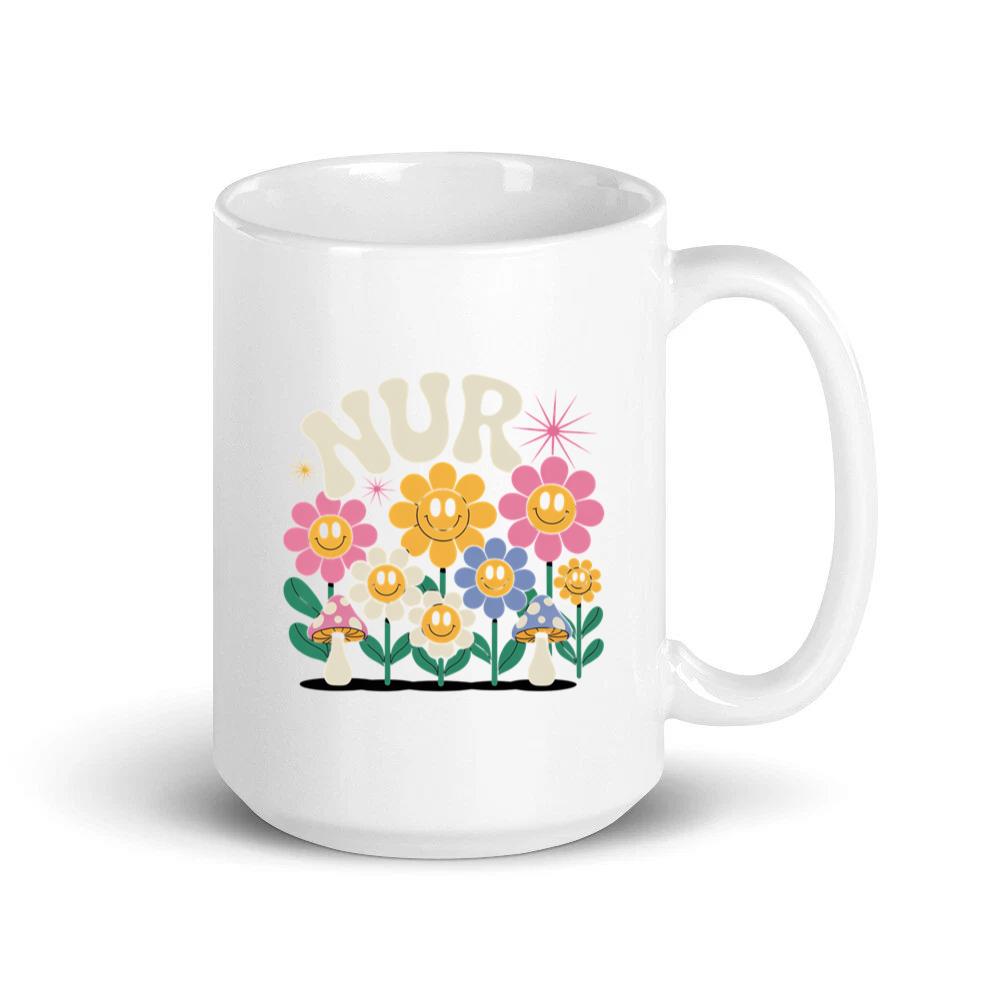 Nursery Garden Smiley Flowers Retro Graphic for a Cheerful Mood Mug