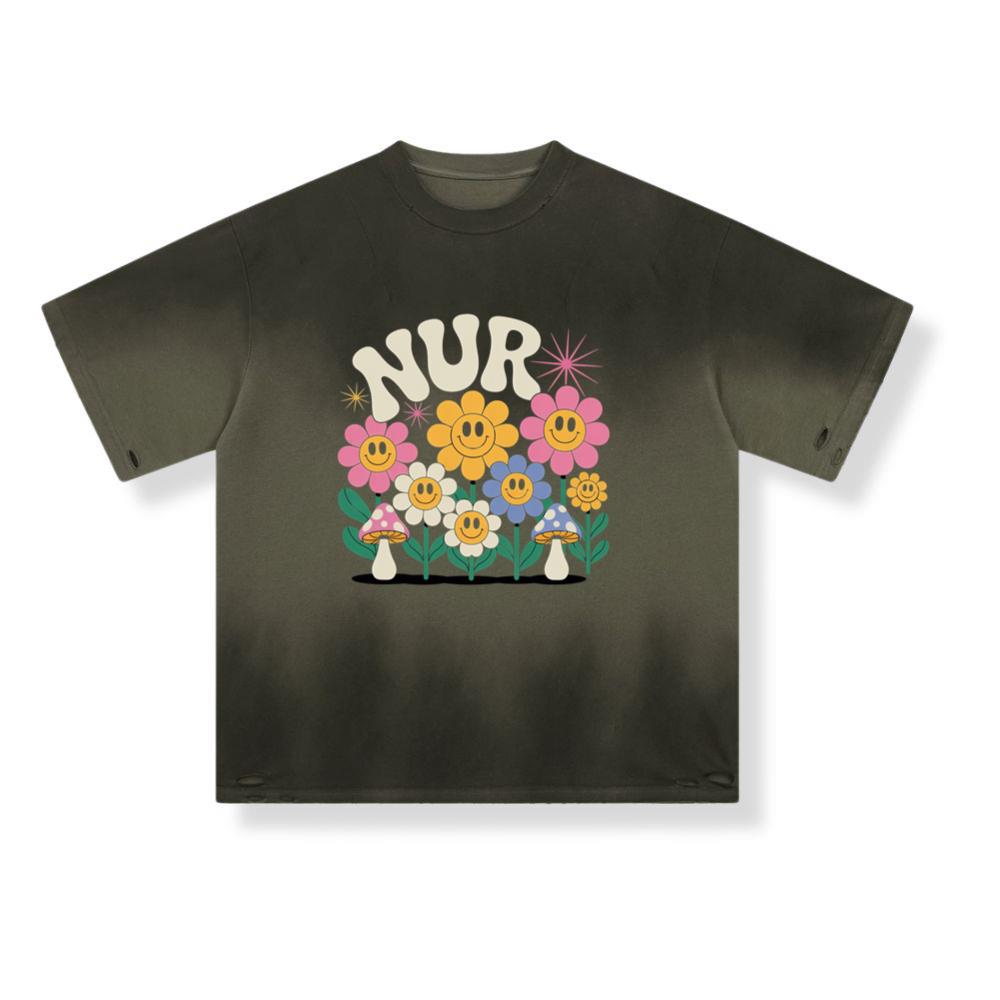 Nursery Garden Smiley Flowers Retro Graphic for a Cheerful Mood T-Shirt - Image 2