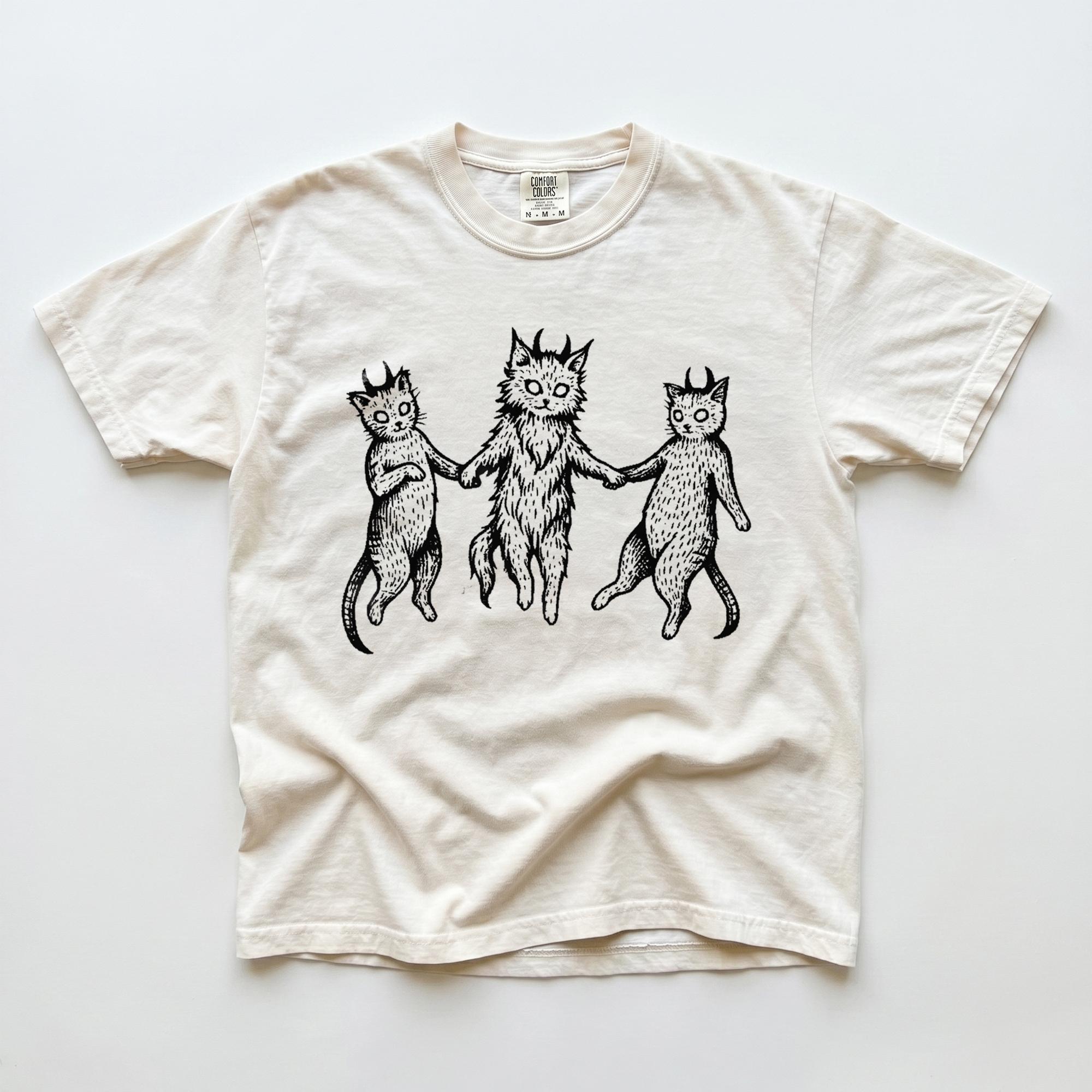 Occult Devil Cat Dancing Graphic T-Shirt for Men Women Vintage Goblincore Indie Folk Art Alt Clothing Charcoal Washed Cotton Funny Spooky Halloween Gift Linocut Top Novelty Tee Weirdcore Grunge Fashion Shirt