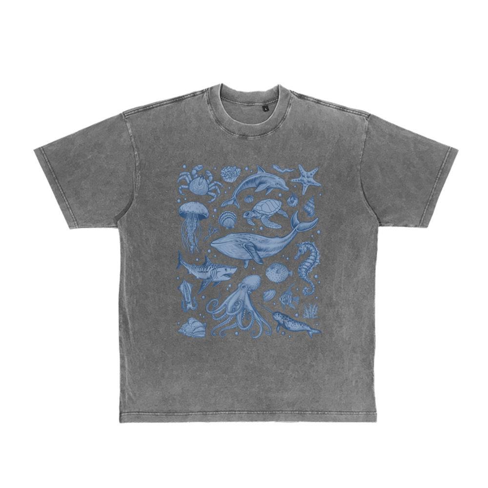 Ocean Life Sea Whale Dolphin Beach 90s Vintage Graphic T-Shirt (1) 