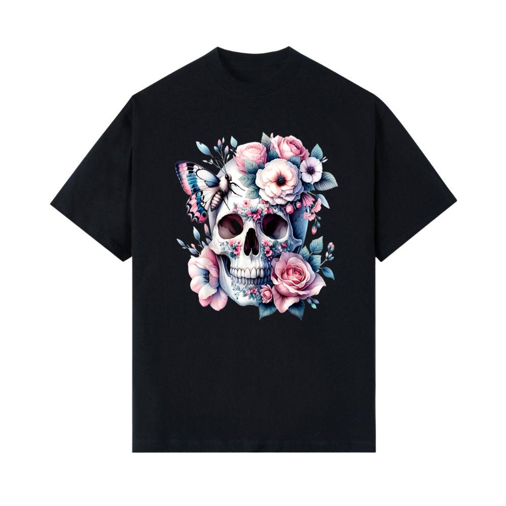 Peony Flowers Skull Butterfly Floral Pink Design Spring T-Shirt 