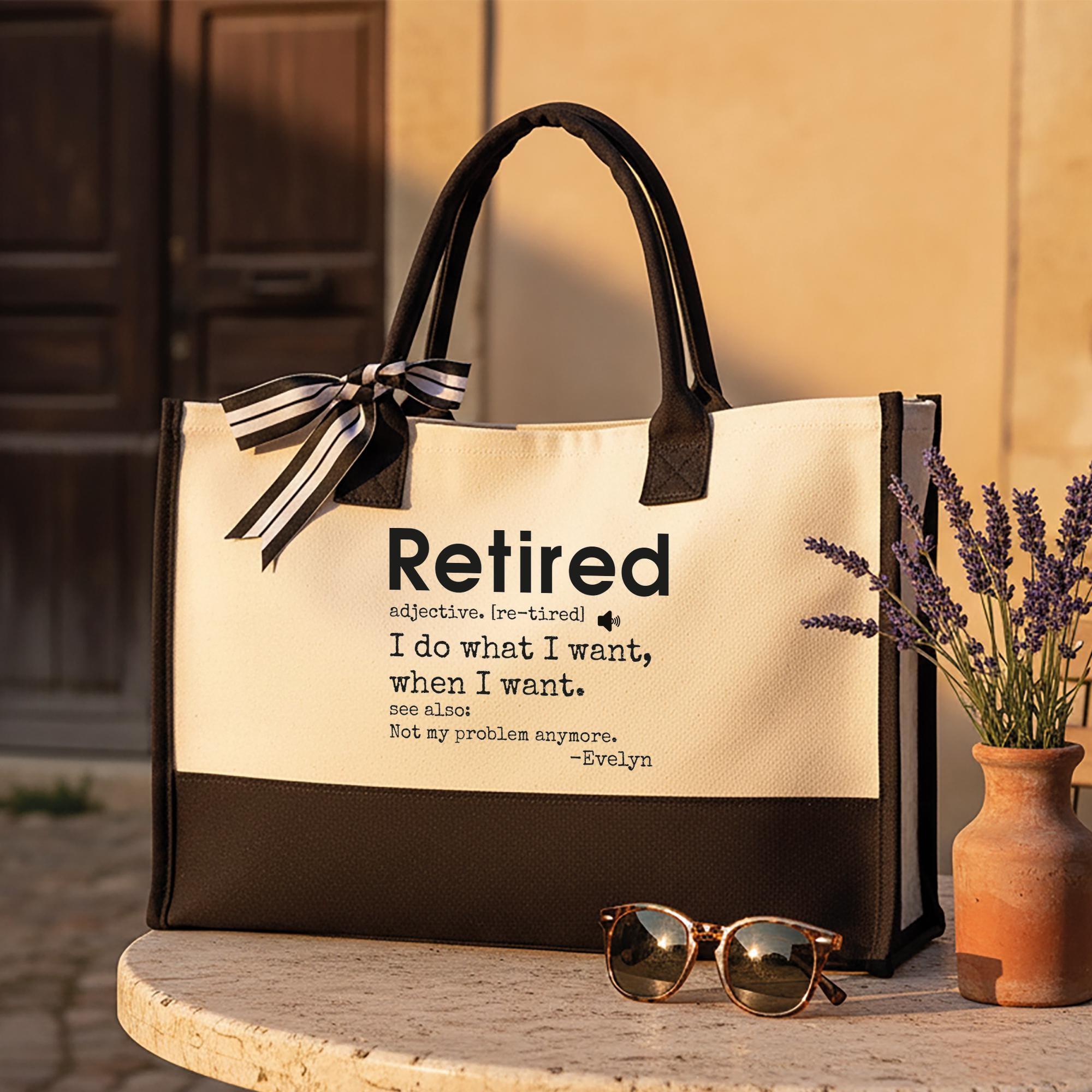 Personalized Funny Retired Definition Canvas Tote Bag Custom Name Retirement Gift for Women Coworkers Minimalist Preppy Aesthetic Black and White Cotton Beach Vacation Reusable Shopping Handbag Bulk Summer Cruise Tote