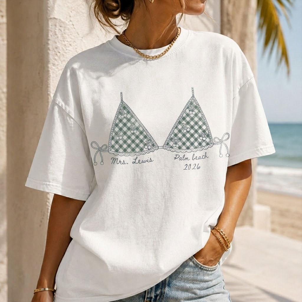 Personalized Gingham Cherry Bikini Graphic Bachelorette Oversized T-Shirt Coverup For Brides Coastal Coquette Preppy Beach Aesthetic White Cotton Custom Mrs Shirt Beach Bach Party Tee Last Toast On The Coast Top - Image 5