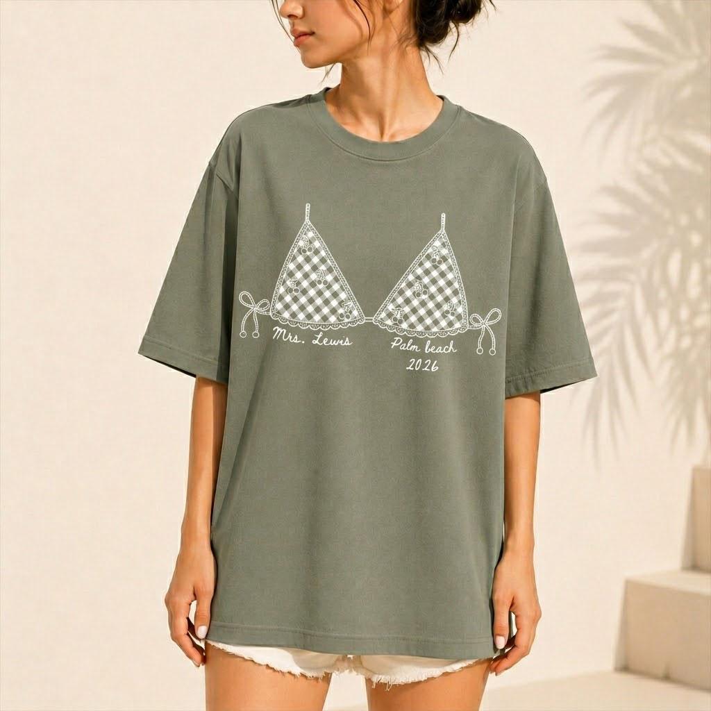 Personalized Gingham Cherry Bikini Graphic Bachelorette Oversized T-Shirt Coverup For Brides Coastal Coquette Preppy Beach Aesthetic White Cotton Custom Mrs Shirt Beach Bach Party Tee Last Toast On The Coast Top - Image 2