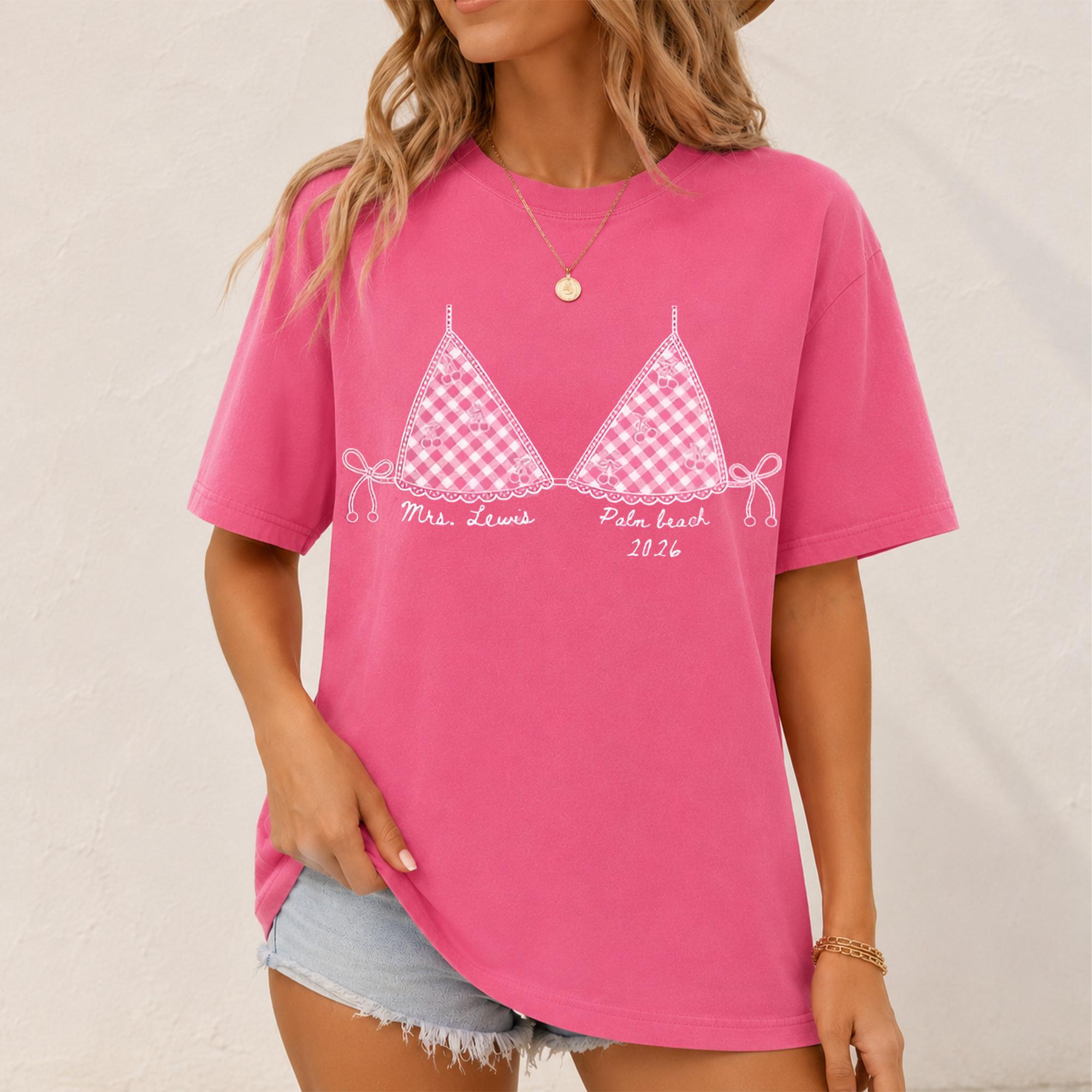 Personalized Gingham Cherry Bikini Graphic Bachelorette Oversized T-Shirt Coverup For Brides Coastal Coquette Preppy Beach Aesthetic White Cotton Custom Mrs Shirt Beach Bach Party Tee Last Toast On The Coast Top - Image 3