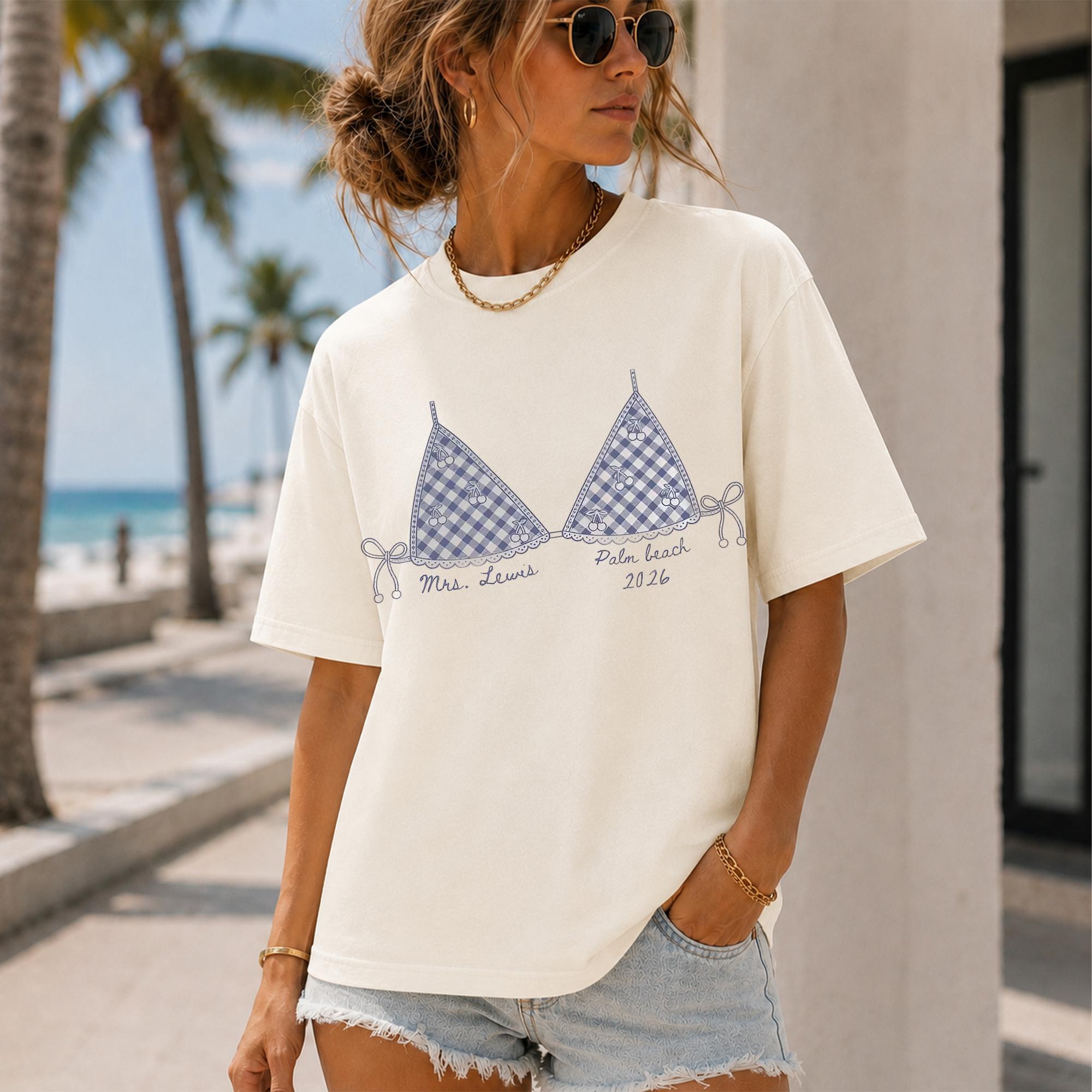 Personalized Gingham Cherry Bikini Graphic Bachelorette Oversized T-Shirt Coverup For Brides Coastal Coquette Preppy Beach Aesthetic White Cotton Custom Mrs Shirt Beach Bach Party Tee Last Toast On The Coast Top - Image 4