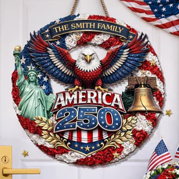 Personalized USA 250th Anniversary Door Sign 1776-2026, Custom Family Name Patriotic Eagle Decor, Statue Of Liberty Liberty Bell Wreath, America 250 Pride Gift, Wooden Hanging Sign, Front Door Hanger, Wall Decor