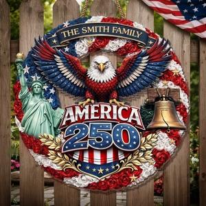 Personalized USA 250th Anniversary Door Sign 1776-2026, Custom Family Name Patriotic Eagle Decor, Statue Of Liberty Liberty Bell Wreath, America 250 Pride Gift, Wooden Hanging Sign, Front Door Hanger, Wall Decor - Image 2