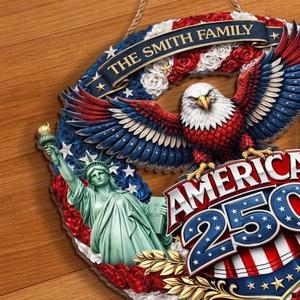 Personalized USA 250th Anniversary Door Sign 1776-2026, Custom Family Name Patriotic Eagle Decor, Statue Of Liberty Liberty Bell Wreath, America 250 Pride Gift, Wooden Hanging Sign, Front Door Hanger, Wall Decor - Image 4