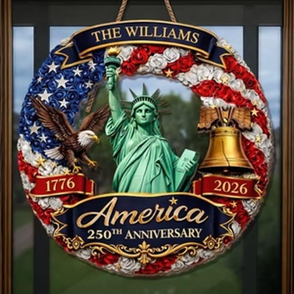 Personalized USA 250th Anniversary Door Sign 1776-2026, Custom Family Name Statue Of Liberty Wreath, Patriotic Eagle Liberty Bell Decor, America 250 Pride Gift, Wooden Hanging Sign, Front Door Hanger, Wall Art Decor