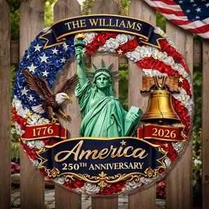 Personalized USA 250th Anniversary Door Sign 1776-2026, Custom Family Name Statue Of Liberty Wreath, Patriotic Eagle Liberty Bell Decor, America 250 Pride Gift, Wooden Hanging Sign, Front Door Hanger, Wall Art Decor - Image 3