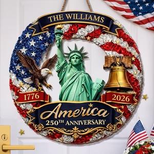 Personalized USA 250th Anniversary Door Sign 1776-2026, Custom Family Name Statue Of Liberty Wreath, Patriotic Eagle Liberty Bell Decor, America 250 Pride Gift, Wooden Hanging Sign, Front Door Hanger, Wall Art Decor - Image 2