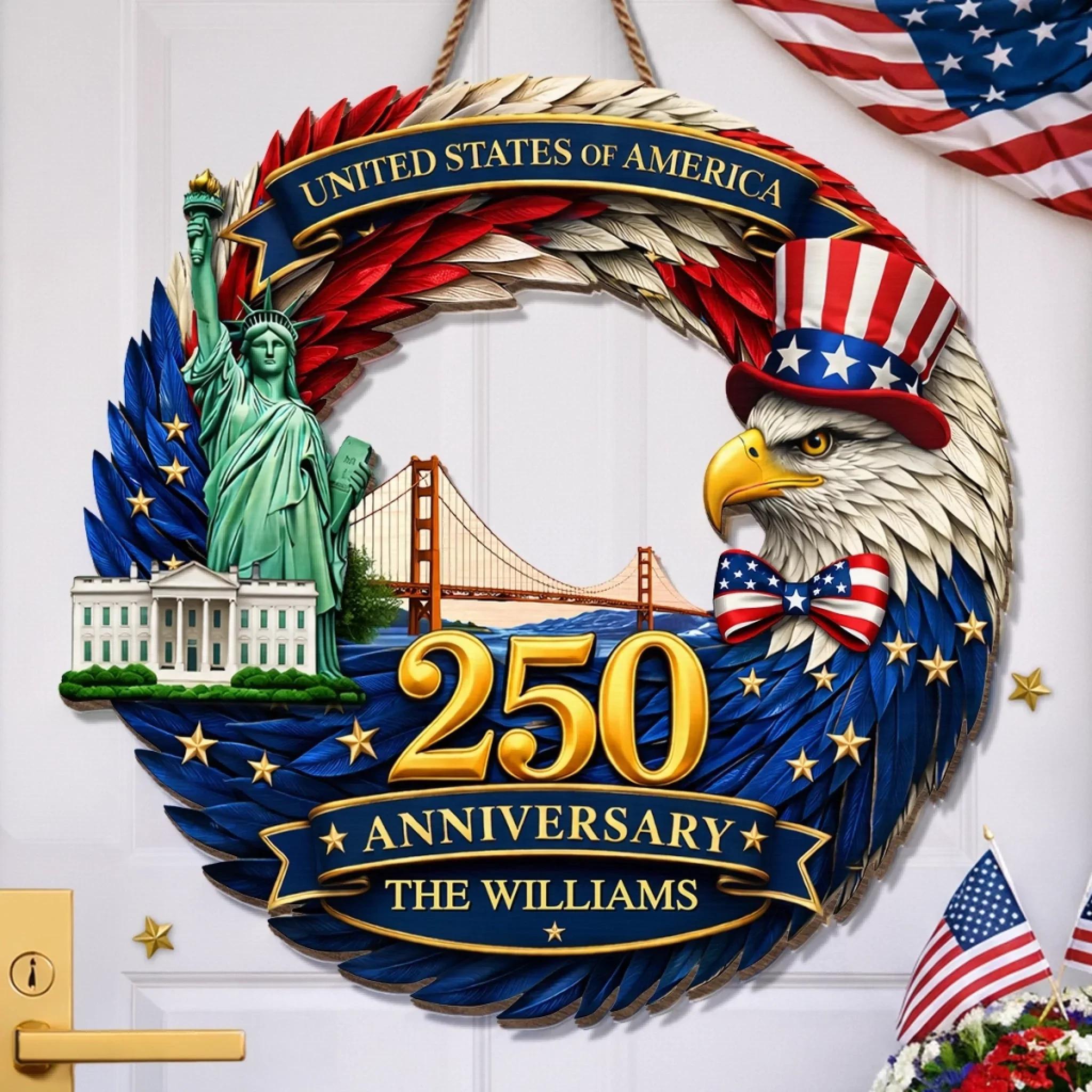 Personalized USA 250th Anniversary Door Sign 1776-2026, Custom Family Name Uncle Sam Eagle Wreath, Statue Of Liberty White House Decor, America 250 Pride Gift, Wooden Hanging Sign, Front Door Hanger, Wall Decor - Image 3