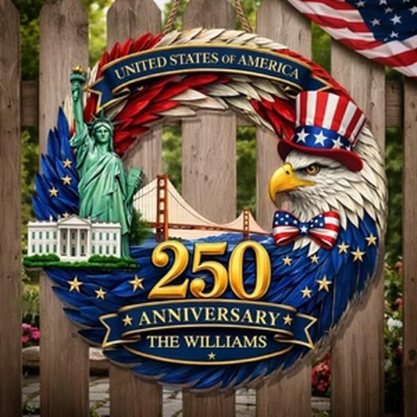 Personalized USA 250th Anniversary Door Sign 1776-2026, Custom Family Name Uncle Sam Eagle Wreath, Statue Of Liberty White House Decor, America 250 Pride Gift, Wooden Hanging Sign, Front Door Hanger, Wall Decor