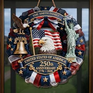 Personalized USA 250th Anniversary Sign 1776-2026, Custom Family Name Patriotic Door Decor, American Semiquincentennial Wooden Wreath, 250 Years USA Pride Gift Idea, Wooden Hanging Sign, Front Door Hanger, Wall Decor, Round Wood Sign - Image 3