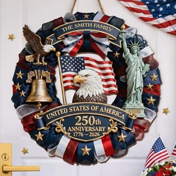 Personalized USA 250th Anniversary Sign 1776-2026, Custom Family Name Patriotic Door Decor, American Semiquincentennial Wooden Wreath, 250 Years USA Pride Gift Idea, Wooden Hanging Sign, Front Door Hanger, Wall Decor, Round Wood Sign