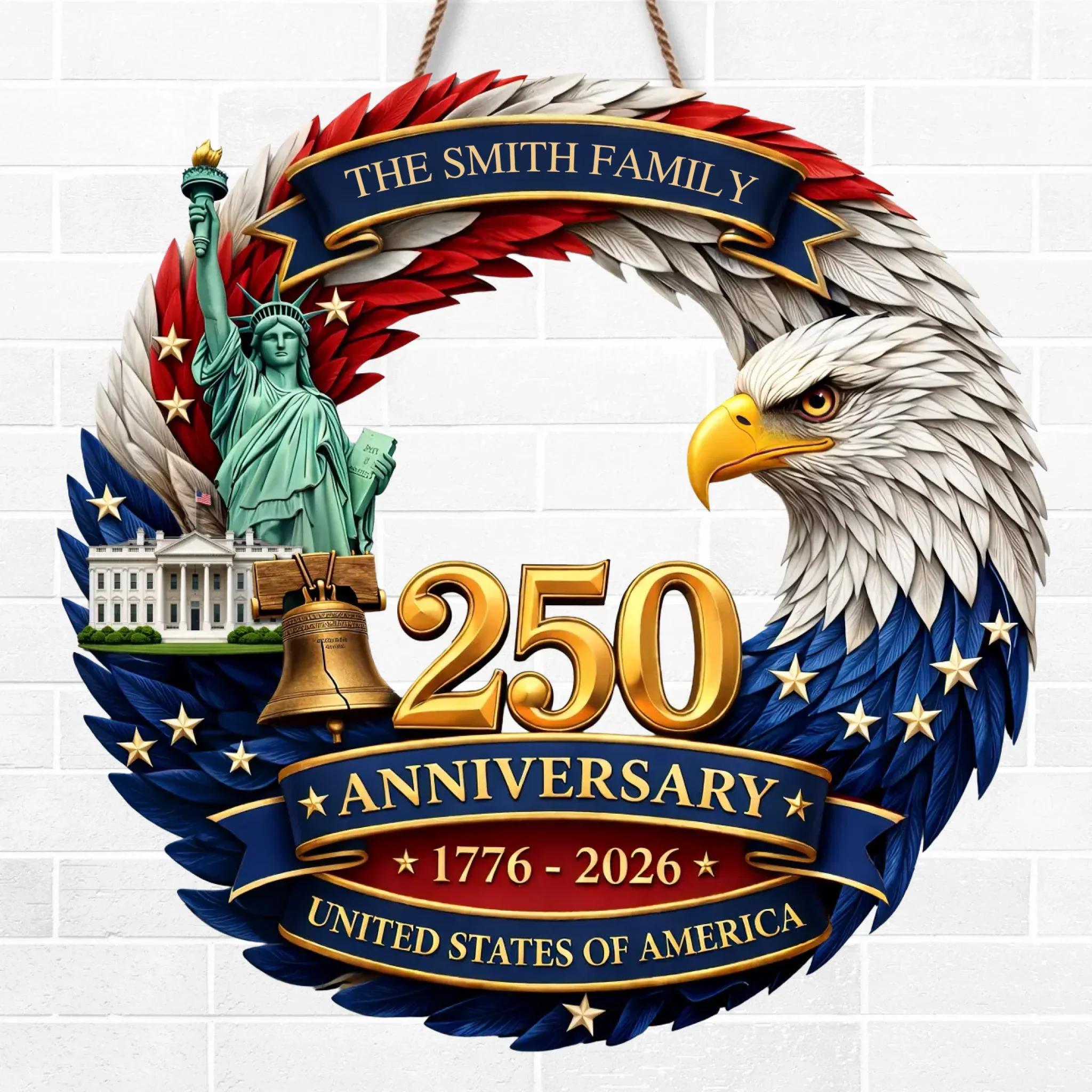 Personalized USA 250th Anniversary Sign 1776-2026, Custom Family Name Patriotic Door Decor, American Semiquincentennial Wooden Wreath, 250 Years USA Pride Gift, Wooden Hanging Sign, Front Door Hanger, Wall Decor - Image 3
